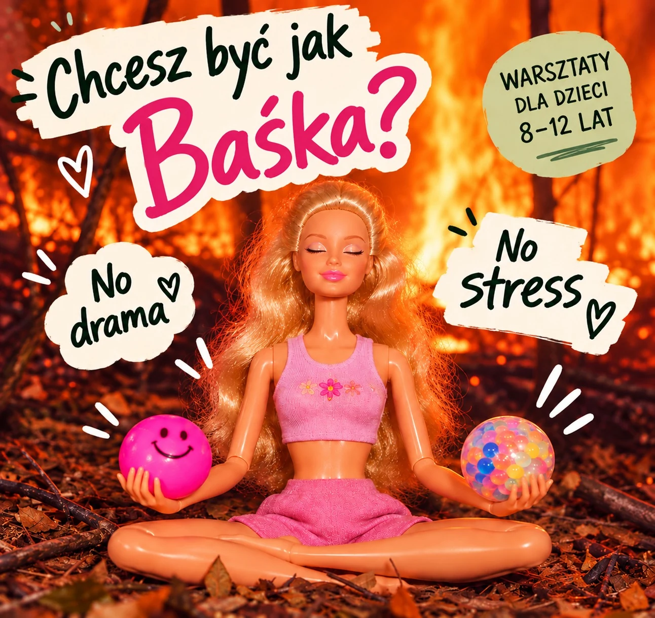 Ilustracja medytującej lalki Baśki z gniotkami antystresowymi na tle pożaru – warsztaty No stress no drama w #baza