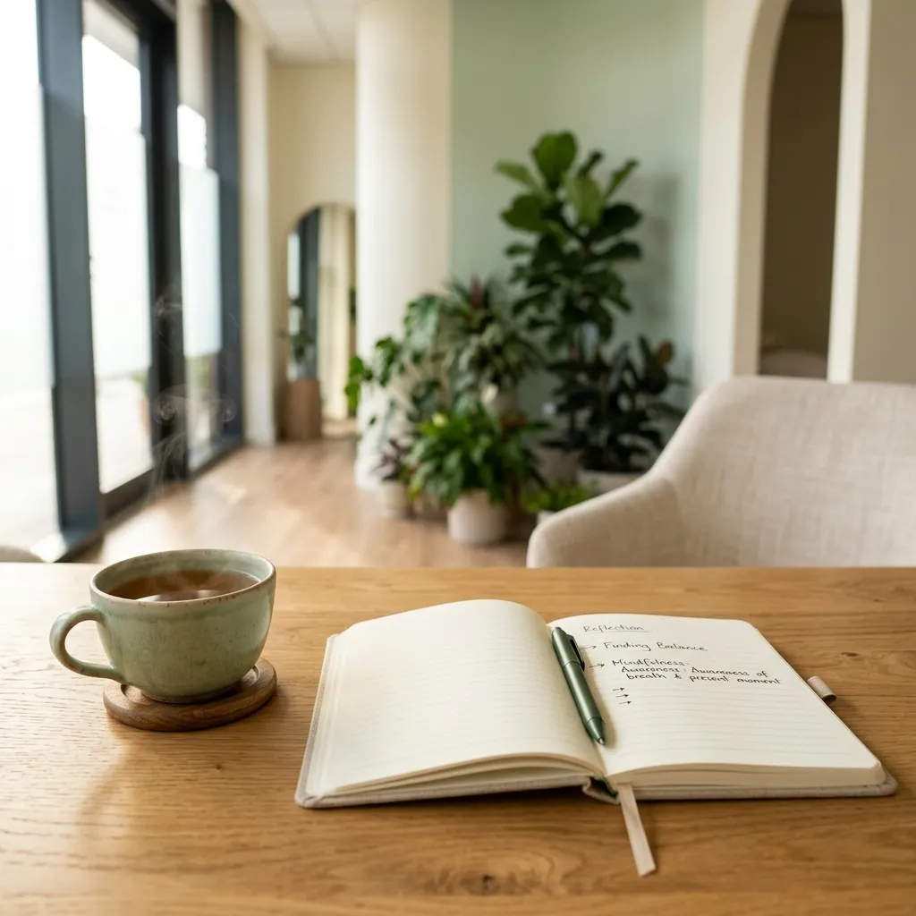 Minimalistyczny otwarty notes na biurku obok filiżanki herbaty z unoszącą się parą