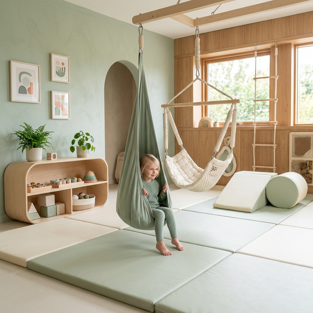 Sala do integracji sensorycznej z bezpiecznymi huśtawkami i miękkimi pufami