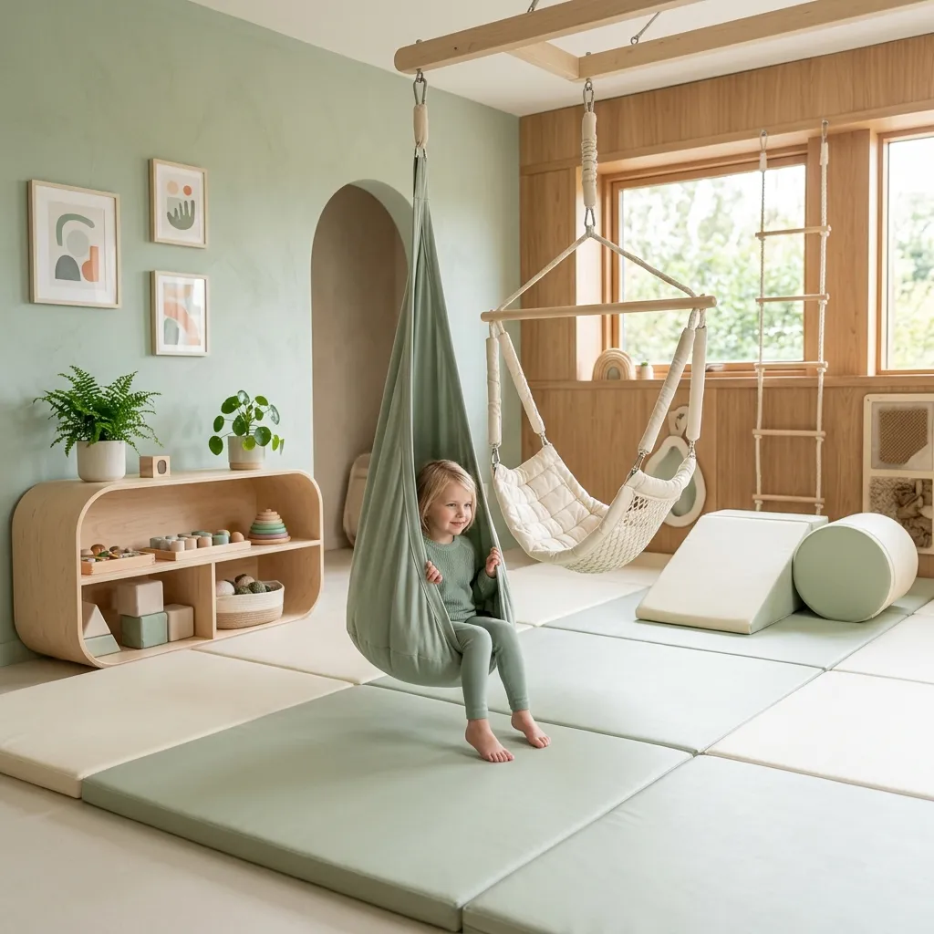 Sala do integracji sensorycznej z bezpiecznymi huśtawkami i miękkimi pufami