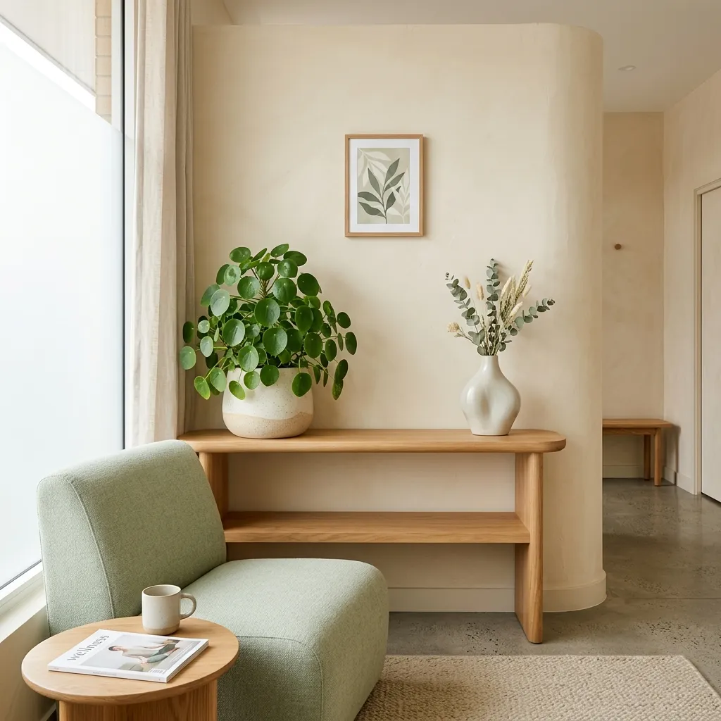 Estetyczne wnętrze kliniki z fotelami, zieloną rośliną i ceramicznym wazonem